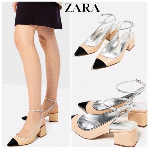 NWOT ZARA two-tone cap toe block heel slingbacks